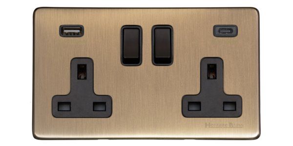 Heritage Brass Vintage Range Antique Brass, X91 - 2G 13A Socket with USB-A+C