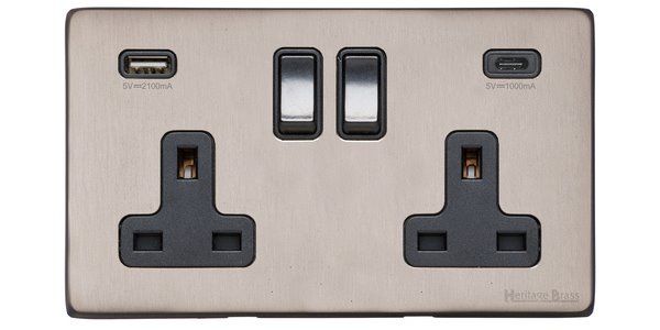 Heritage Brass Vintage Range Aged Pewter, XAP - 2G 13A Socket with USB-A+C
