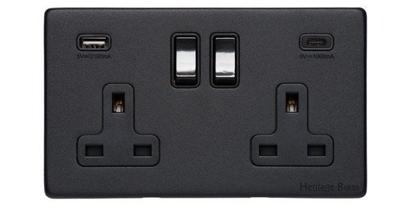 Heritage Brass Vintage Range Matt Black, XBK - 2G 13A Socket with USB-A+C