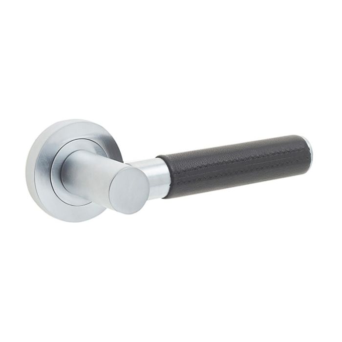 Frelan Jedo Ascot Black Leather Door Handle on Rose - Pair