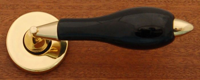 Chatsworth - Classic Door Handle on Rose - Black Porcelain / Polished Gold - Pair