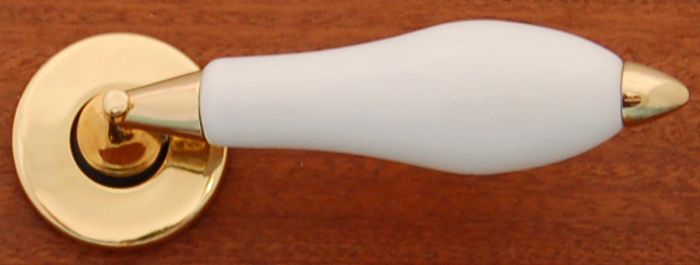 Chatsworth - Classic Door Handle on Rose - White Porcelain / Polished Gold - Pair