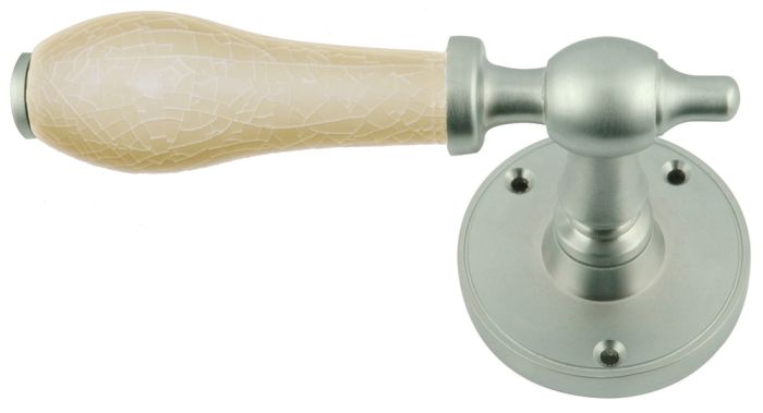 Chatsworth Porcelain Cream Crackle Door Handle - Satin Chrome Rose - Pair