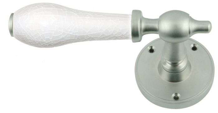 Chatsworth Porcelain White Crackle Door Handle On Rose - Satin Chrome - Pair