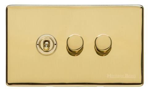 Heritage Brass Vintage Range Polished Brass, X01 - 3G Mixed Toggle Dimmer Switch 1xToggle 2xTED
