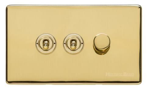 Heritage Brass Vintage Range Polished Brass, X01 - 3G Mixed Toggle Dimmer Switch 2xToggle 1xTED