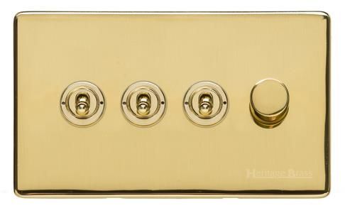 Heritage Brass Vintage Range Polished Brass, X01 - 4G Mixed Toggle Dimmer Switch 3xToggle 1xTED