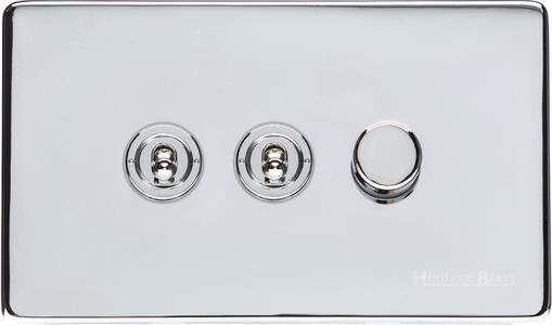 Heritage Brass Vintage Range Polished Chrome, X02 - 3G Mixed Toggle Dimmer Switch 2xToggle 1xTED