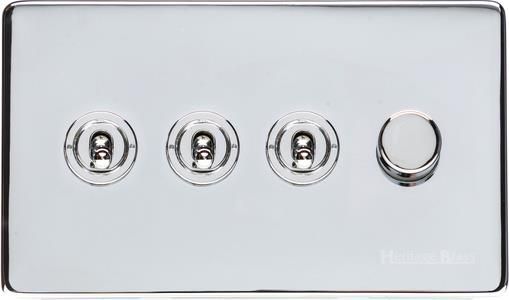 Heritage Brass Vintage Range Polished Chrome, X02 - 4G Mixed Toggle Dimmer Switch 3xToggle 1xTED