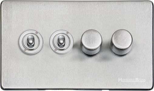 Heritage Brass Vintage Range Satin Chrome, X03 - 4G Mixed Toggle Dimmer Switch 2xToggle 2xTED