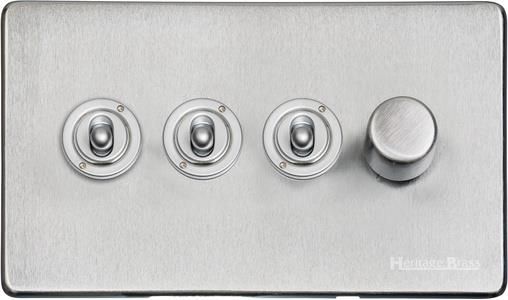 Heritage Brass Vintage Range Satin Chrome, X03 - 4G Mixed Toggle Dimmer Switch 3xToggle 1xTED