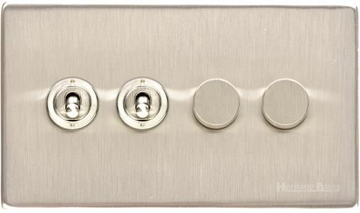 Heritage Brass Vintage Range Satin Nickel, X05 - 4G Mixed Toggle Dimmer Switch 2xToggle 2xTED