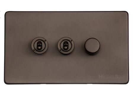 Heritage Brass Vintage Range Matt Bronze, X09 - 3G Mixed Toggle Dimmer Switch 2xToggle 1xTED