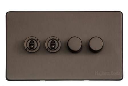 Heritage Brass Vintage Range Matt Bronze, X09 - 4G Mixed Toggle Dimmer Switch 2xToggle 2xTED