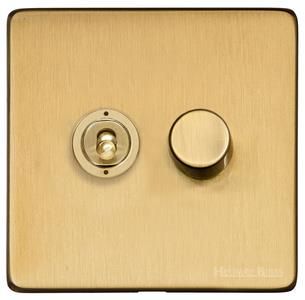 Heritage Brass Vintage Range Satin Brass, X44 - 2G Mixed Toggle Dimmer Switch 1xToggle 1xTED