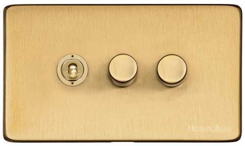 Heritage Brass Vintage Range Satin Brass, X44 - 3G Mixed Toggle Dimmer Switch 1xToggle 2xTED