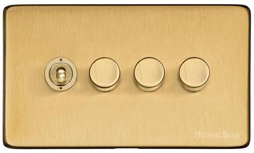 Heritage Brass Vintage Range Satin Brass, X44 - 4G Mixed Toggle Dimmer Switch 1xToggle 3xTED