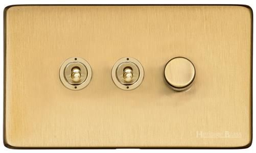 Heritage Brass Vintage Range Satin Brass, X44 - 3G Mixed Toggle Dimmer Switch 2xToggle 1xTED