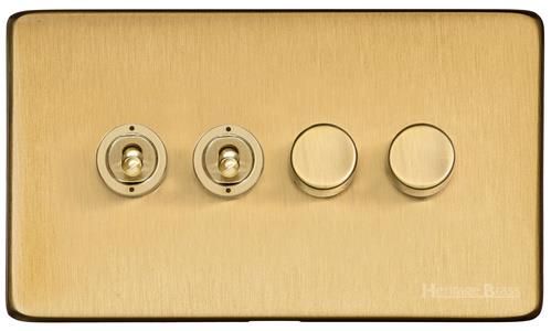 Heritage Brass Vintage Range Satin Brass, X44 - 4G Mixed Toggle Dimmer Switch 2xToggle 2xTED