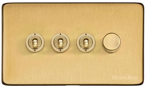 Heritage Brass Vintage Range Satin Brass, X44 - 4G Mixed Toggle Dimmer Switch 3xToggle 1xTED
