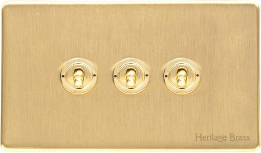 Heritage Brass Vintage Range Satin Brass, X44 - 3 Gang Toggle Switch
