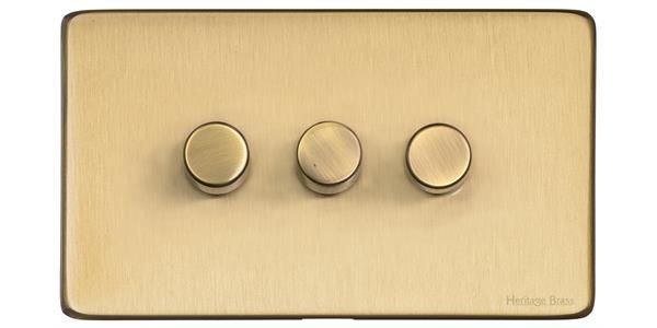 Heritage Brass Vintage Range Satin Brass, X44 - 3 Gang Dimmer 400 watts (Compatible with halogen/ incandescent bulbs)