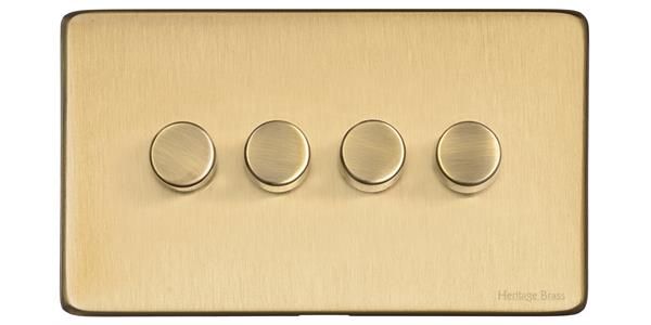 Heritage Brass Vintage Range Satin Brass, X44 - 4 Gang TED Dimmer (Compatible with LED Lamps)