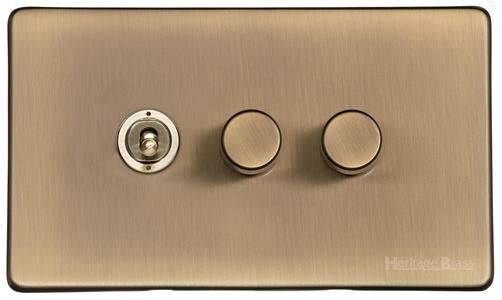 Heritage Brass Vintage Range Antique Brass, X91 - 3G Mixed Toggle Dimmer Switch 1xToggle 2xTED