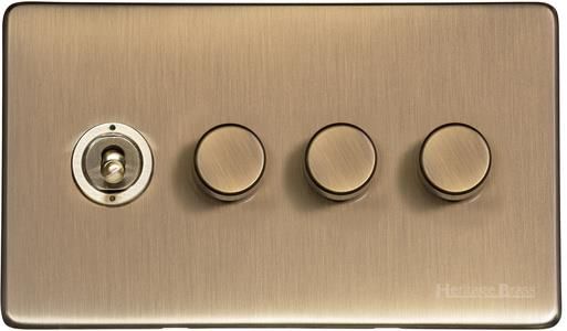 Heritage Brass Vintage Range Antique Brass, X91 - 4G Mixed Toggle Dimmer Switch 1xToggle 3xTED