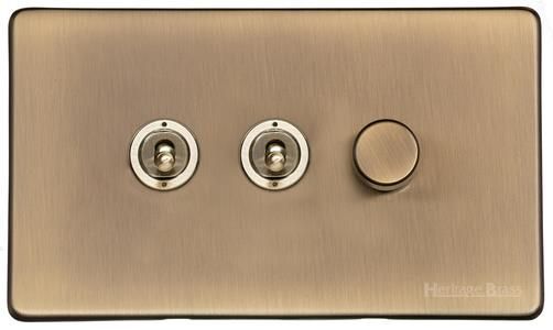 Heritage Brass Vintage Range Antique Brass, X91 - 3G Mixed Toggle Dimmer Switch 2xToggle 1xTED