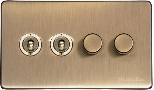 Heritage Brass Vintage Range Antique Brass, X91 - 4G Mixed Toggle Dimmer Switch 2xToggle 2xTED