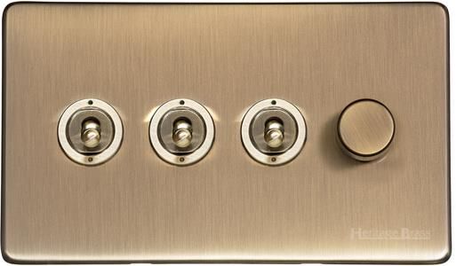 Heritage Brass Vintage Range Antique Brass, X91 - 4G Mixed Toggle Dimmer Switch 3xToggle 1xTED