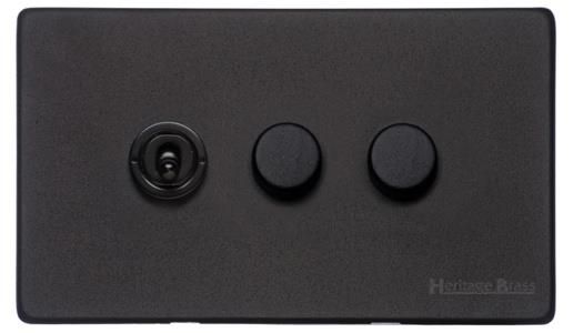 Heritage Brass Vintage Range Matt Black, XBK - 3G Mixed Toggle Dimmer Switch 1xToggle 2xTED