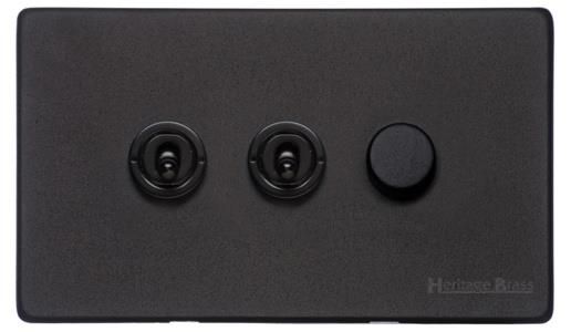 Heritage Brass Vintage Range Matt Black, XBK - 3G Mixed Toggle Dimmer Switch 2xToggle 1xTED