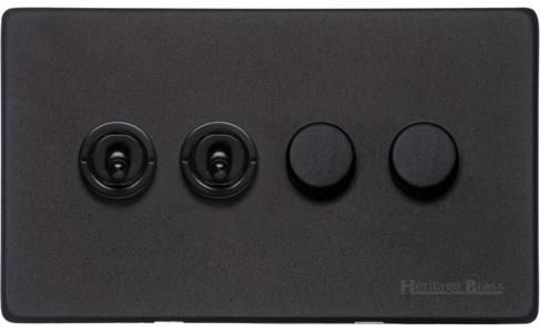 Heritage Brass Vintage Range Matt Black, XBK - 4G Mixed Toggle Dimmer Switch 2xToggle 2xTED