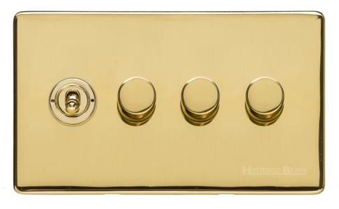 Heritage Brass Vintage Range Unlacquered Polished Brass, XUL - 4G Mixed Toggle Dimmer Switch 1xToggle 3xTED