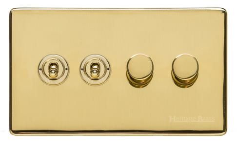 Heritage Brass Vintage Range Unlacquered Polished Brass, XUL - 4G Mixed Toggle Dimmer Switch 2xToggle 2xTED